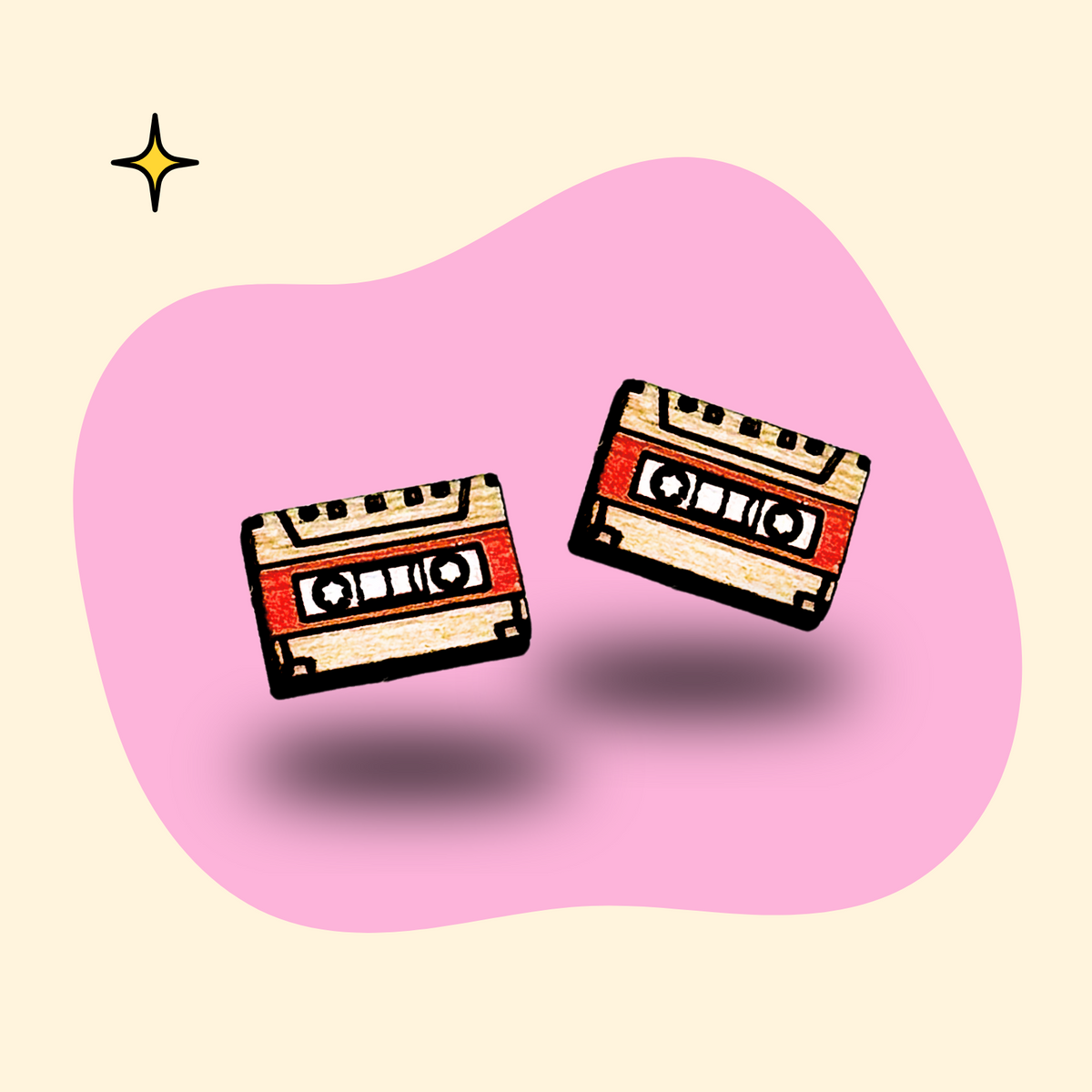 Hand-painted wooden cassette tape ear studs by GRAINN
