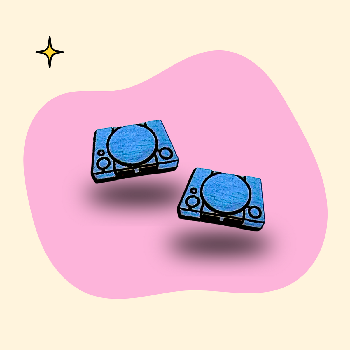 Hand-painted wooden retro games console ear studs by GRAINN