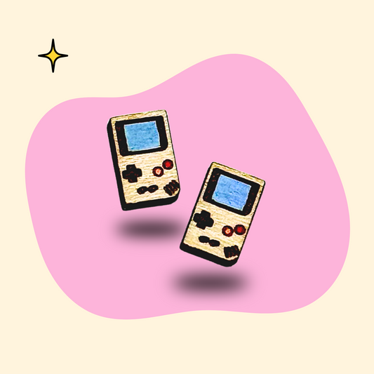 Hand-painted wooden retro handheld game ear studs by GRAINN