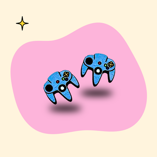 Hand-painted wooden retro game controller ear studs by GRAINN
