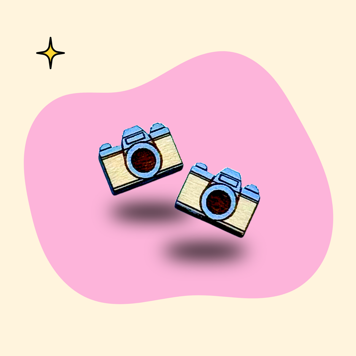Hand-painted wooden camera ear studs by GRAINN