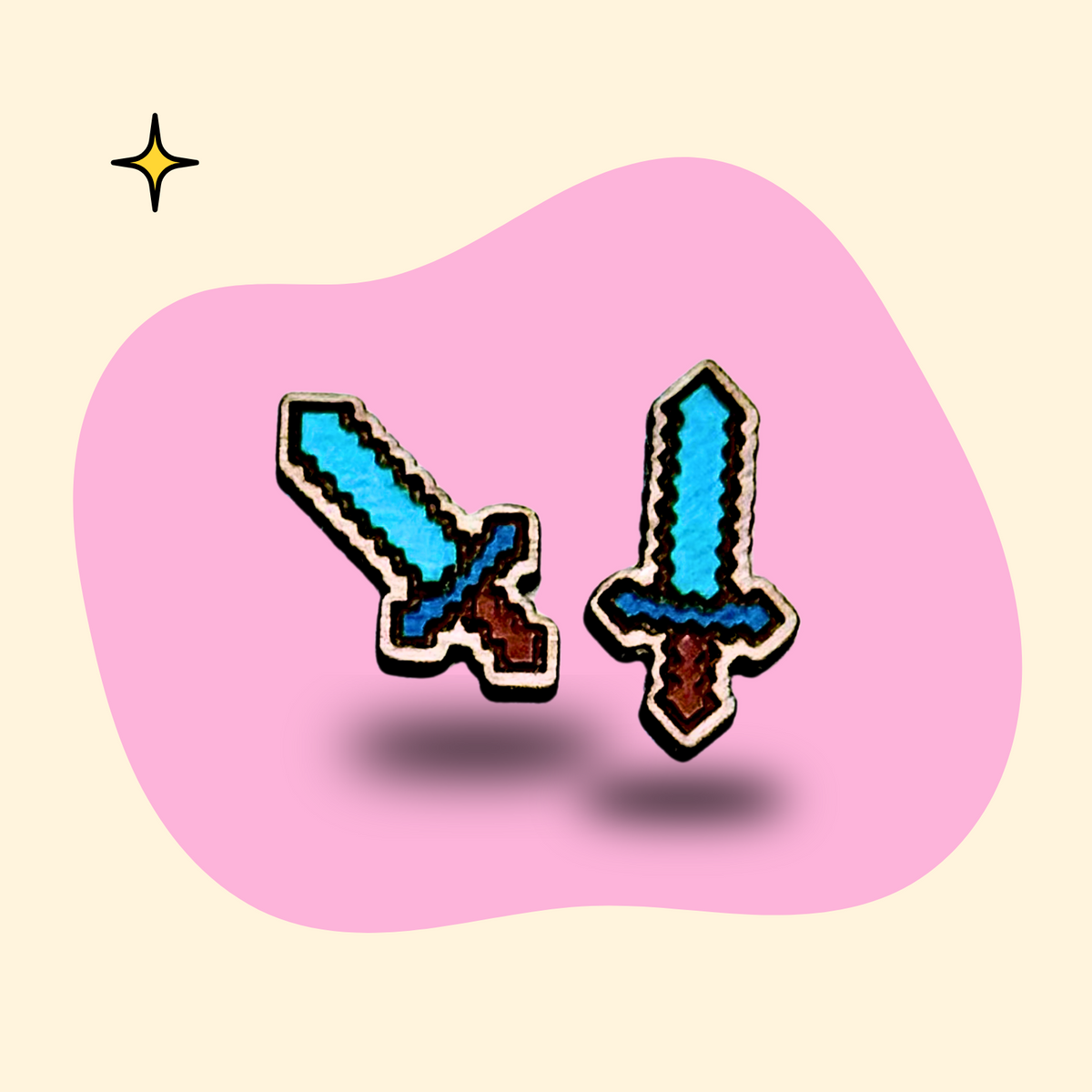 Hand-painted wooden pixelated crystal sword ear studs by GRAINN