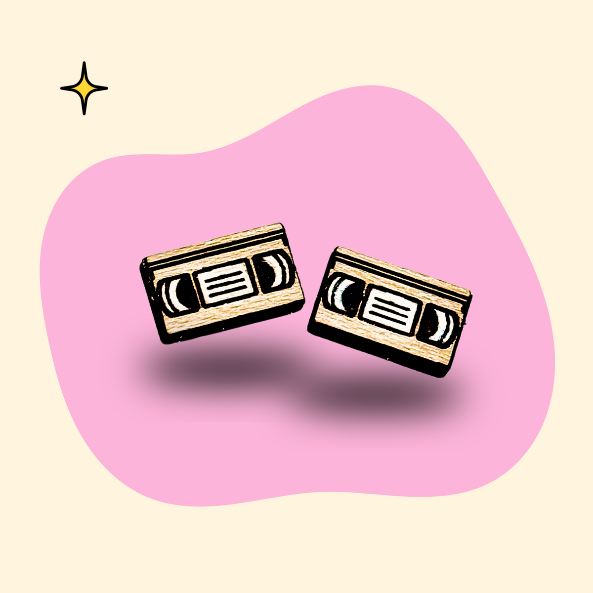 Hand-painted wooden VHS video tape ear studs by GRAINN