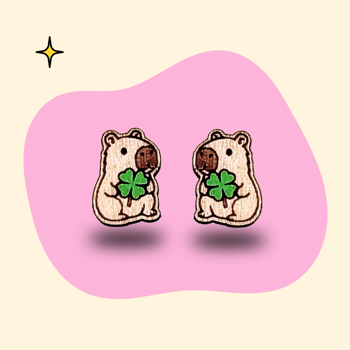 Hand-painted wooden capybara ear studs with four-leaf clover by GRAINN