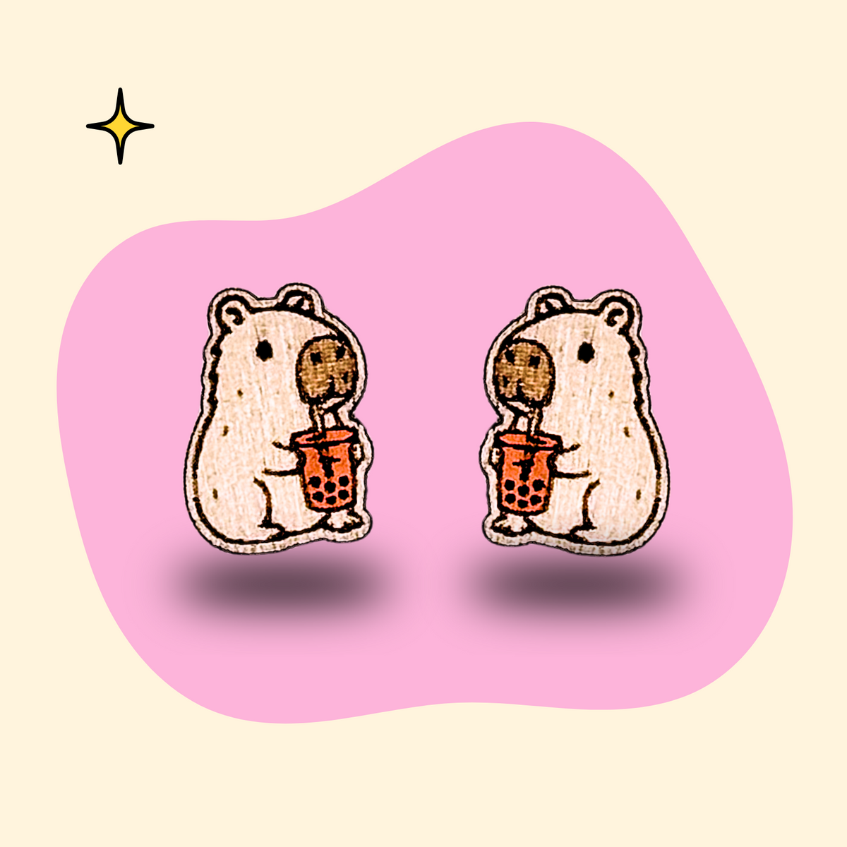 Hand-painted wooden capybara ear studs with bubble tea by GRAINN