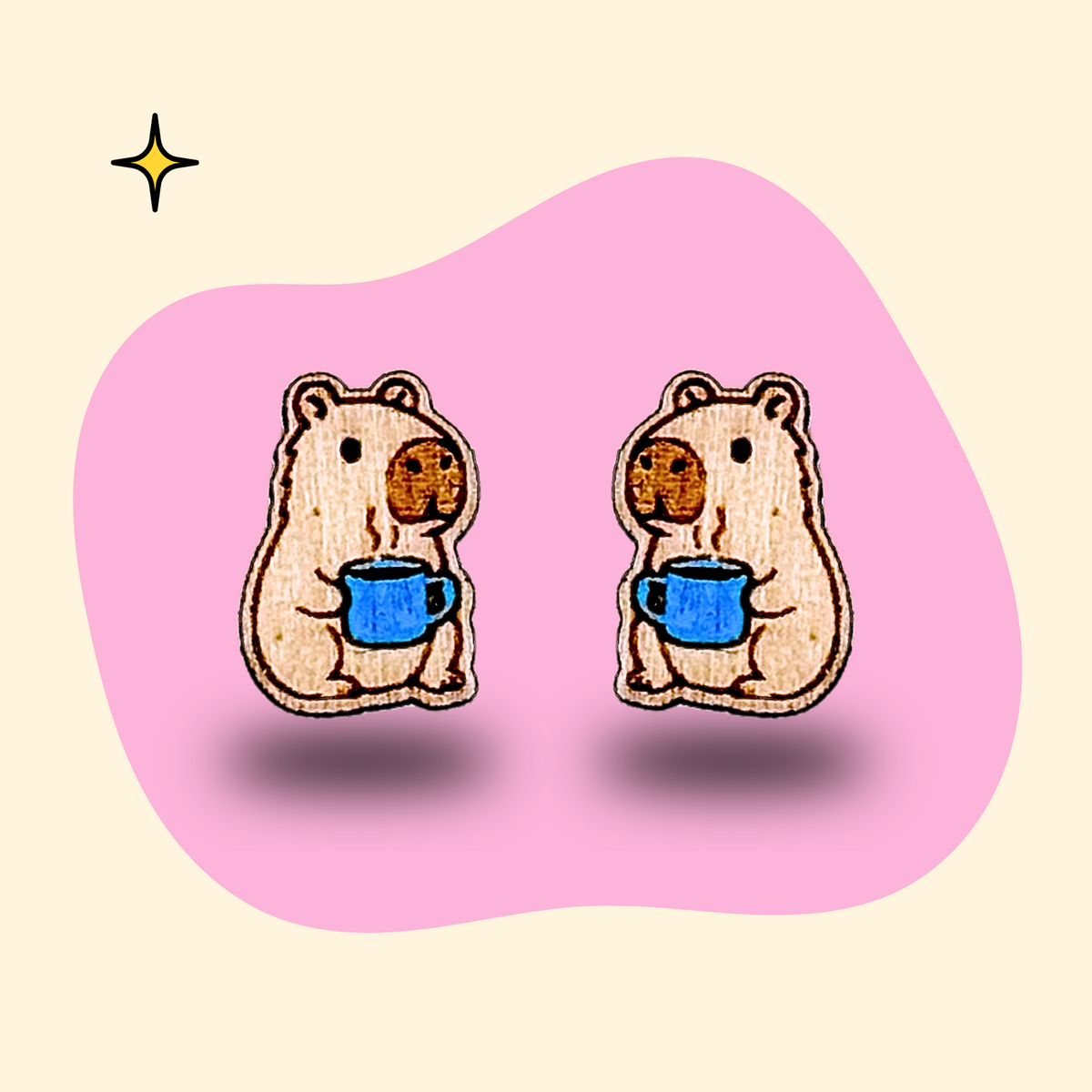 Hand-painted wooden capybara ear studs with coffee by GRAINN