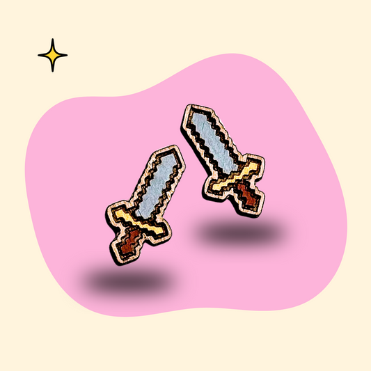 Hand-painted wooden pixel sword ear studs by GRAINN