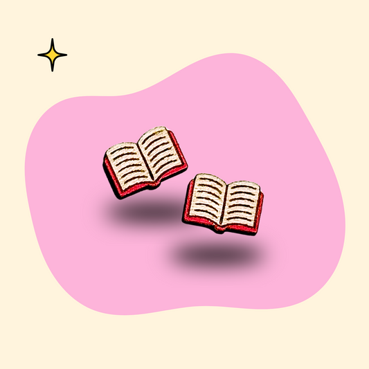 Hand-painted wooden open book ear studs by GRAINN