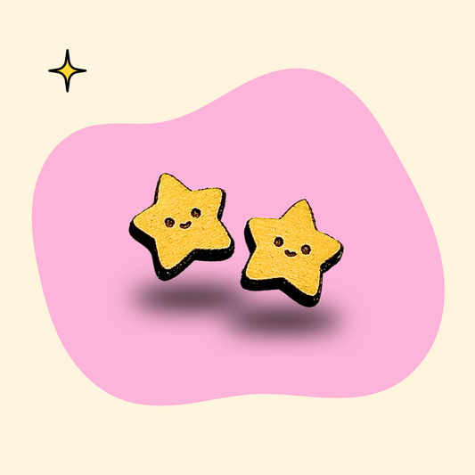 Hand-painted wooden smiling star ear studs by GRAINN