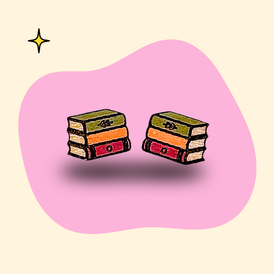 Hand-painted wooden stack of books ear studs by GRAINN