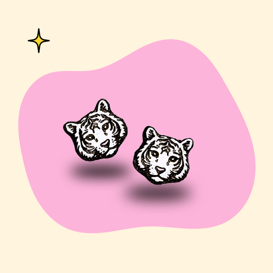 Hand-painted wooden white tiger ear studs by GRAINN
