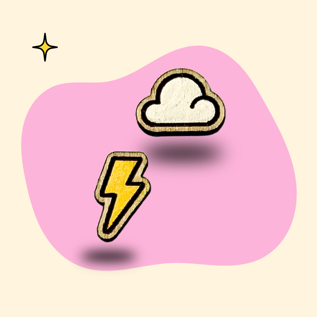 Hand-painted wooden lightning bolt and cloud ear studs by GRAINN