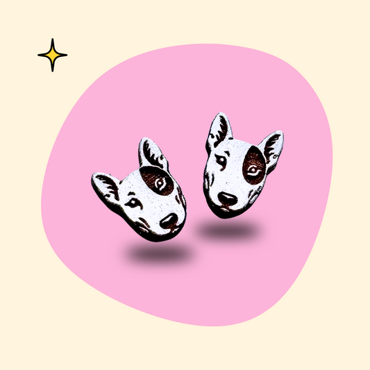 Hand-painted wooden English bull terrier ear studs by GRAINN