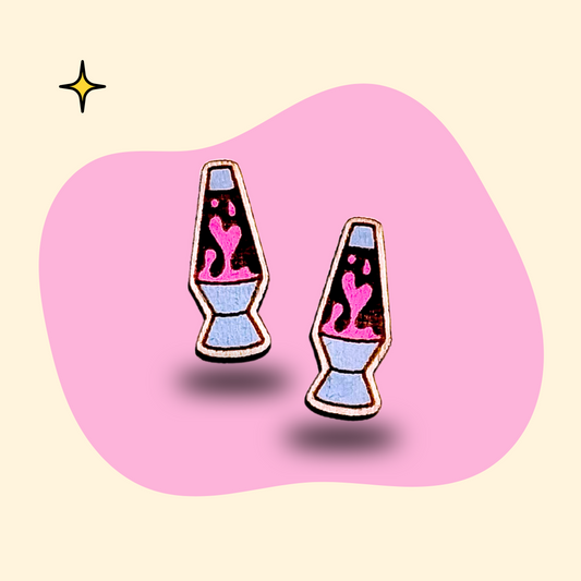 Hand-painted wooden lava lamp ear studs with pink wax and grey base, by GRAINN